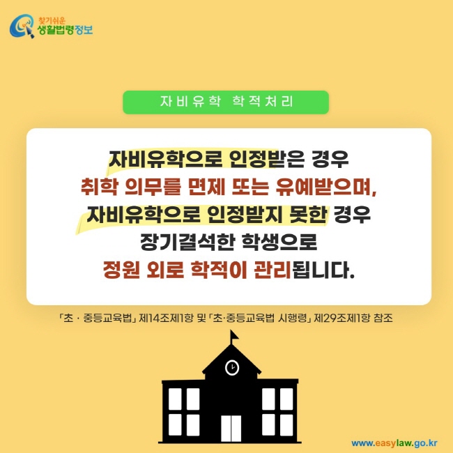 자비유학 학적처리: 자비유학으로 인정받은 경우 취학 의무를 면제 또는 유예받으며, 자비유학으로 인정받지 못한 경우 장기결석한 학생으로 정원 외로 학적이 관리됩니다.「초ㆍ중등교육법」 제14조제1항 및 「초·중등교육법 시행령」 제29조제1항 참조