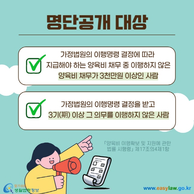 명단공개 대상 V 가정법원의 이행명령 결정에 따라 지급해야 하는 양육비 채무 중 이행하지 않은 양육비 채무가 3천만원 이상인 사람 V 가정법원의 이행명령 결정을 받고 3기(期) 이상 그 의무를 이행하지 않은 사람 「양육비 이행확보 및 지원에 관한 법률 시행령」 제17조의4제1항