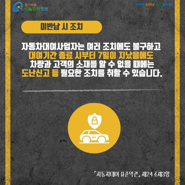 미반납 시 조치 자동차대여사업자는 여러 조치에도 불구하고 대여기간 종료 시부터 7일이 지났음에도 차량과 고객의 소재를 알 수 없을 때에는 도난신고 등 필요한 조치를 취할 수 있습니다. 자동차대여 표준약관 제24조제3항