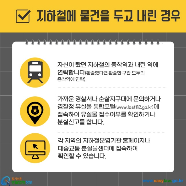 자신이 탔던 지하철의 종착역과 내린 역에 연락합니다(환승했다면 환승한 구간 모두의 종착역에 연락). 가까운 경찰서나 순찰지구대에 문의하거나 경찰청 유실물 통합포털(www.lost112.go.kr)에 접속하여 유실물 접수여부를 확인하거나 분실신고를 합니다. 각 지역의 지하철운영기관 홈페이지나 대중교통 분실물센터에 접속하여 확인할 수 있습니다. 