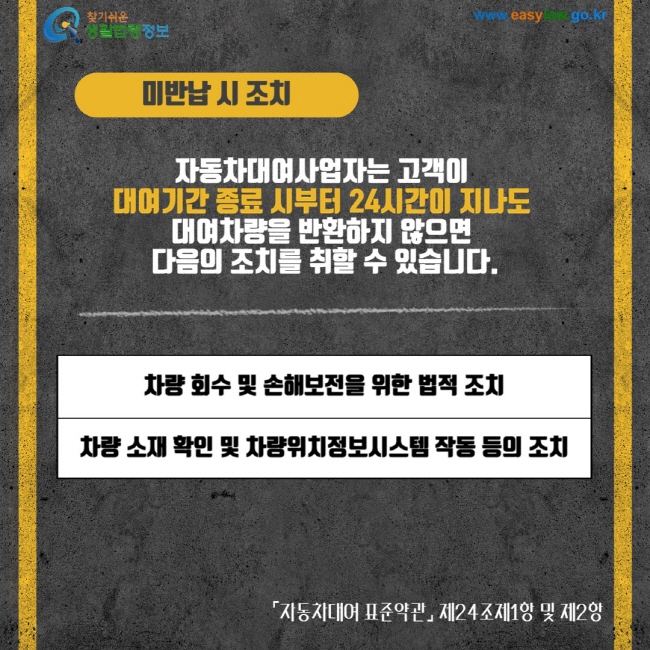 미반납 시 조치 자동차대여사업자는 고객이 대여기간 종료 시부터 24시간이 지나도 대여차량을 반환하지 않으면 다음의 조치를 취할 수 있습니다. 차량 회수 및 손해보전을 위한 법적 조치 차량 소재 확인 및 차량위치정보시스템 작동 등의 조치 자동차대여 표준약관 제24조제1항 및 제2항