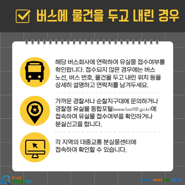 해당 버스회사에 연락하여 유실물 접수여부를 확인합니다. 접수되지 않은 경우에는 버스 노선, 버스 번호, 물건을 두고 내린 위치 등을 상세히 설명하고 연락처를 남겨두세요. 가까운 경찰서나 순찰지구대에 문의하거나 경찰청 유실물 통합포털(www.lost112.go.kr)에 접속하여 유실물 접수여부를 확인하거나 분실신고를 합니다. 각 지역의 대중교통 분실물센터에 접속하여 확인할 수 있습니다. 