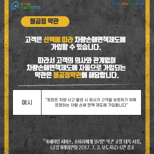 불공정 약관 고객은 선택에 따라 차량손해면책제도에 가입할 수 있습니다. 따라서 고객의 의사와 관계없이 차량손해면책제도에 자동으로 가입되는 약관은 불공정 약관에 해당합니다. 예시 "회원은 차량 사고 발생 시 회사가 고객을 보호하기 위해 운영하느 차량 손해 면책 제도에 가입됩니다" 카셰어링 서비스, 소비자에게 불리한 약관 조항 대폭 시정(공정거래위원회 2017. 7.3 3. 보도자료)