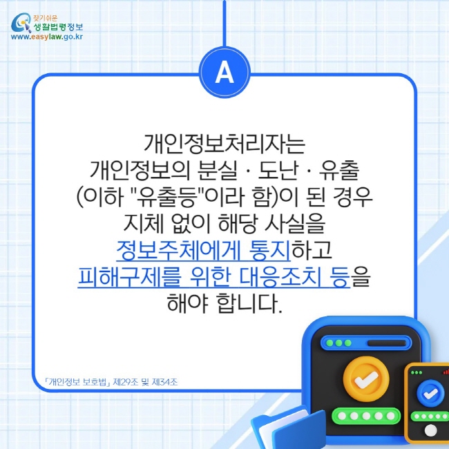 개인정보처리자는 개인정보의 분실ㆍ도난ㆍ유출 (이하 "유출등"이라 함)이 된 경우 지체 없이 해당 사실을 정보주체에게 통지하고 피해구제를 위한 대응조치 등을 해야 합니다.