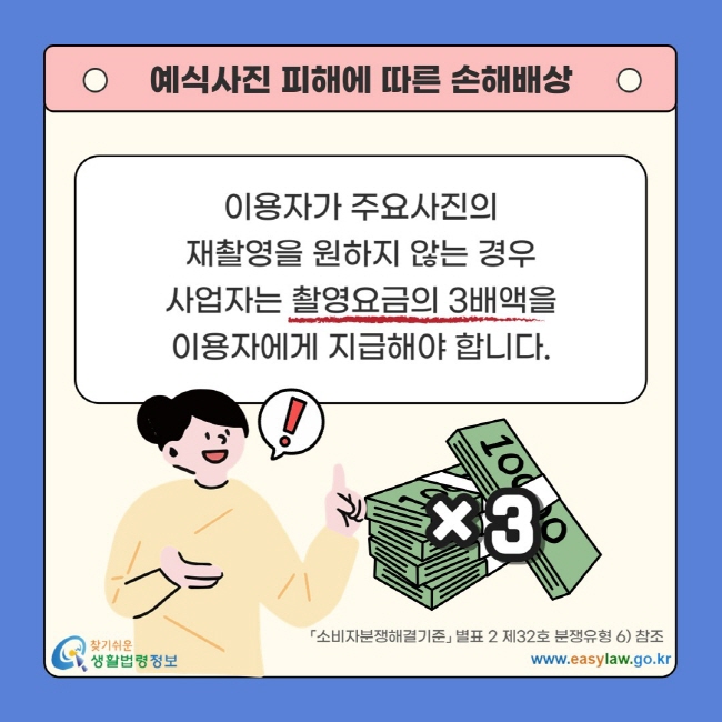 예식사진 피해에 따른 손해배상 이용자가 주요사진의 재촬영을 원하지 않는 경우 사업자는 촬영요금의 3배액을 이용자에게 지급해야 합니다.  「소비자분쟁해결기준」 별표 2 제32호 분쟁유형 6) 참조