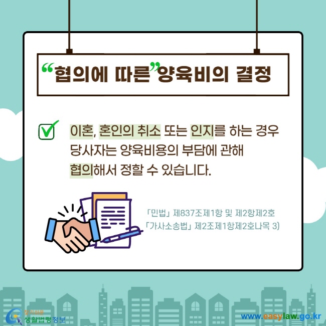 협의에 따른 양육비의 결정 V 이혼, 혼인의 취소 또는 인지를 하는 경우 당사자는 양육비용의 부담에 관해 협의해서 정할 수 있습니다. 「민법」 제837조제1항 및 제2항제2호 「가사소송법」 제2조제1항제2호나목 3)