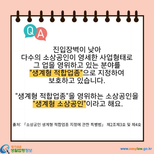 진입장벽이 낮아 다수의 소상공인이 영세한 사업형태로 그 업을 영위하고 있는 분야를 "생계형 적합업종"으로 지정하여 보호하고 있습니다. "생계형 적합업종"을 영위하는 소상공인을 "생계형 소상공인"이라고 해요. 출처: 「소상공인 생계형 적합업종 지정에 관한 특별법」 제2조제3호 및 제4호