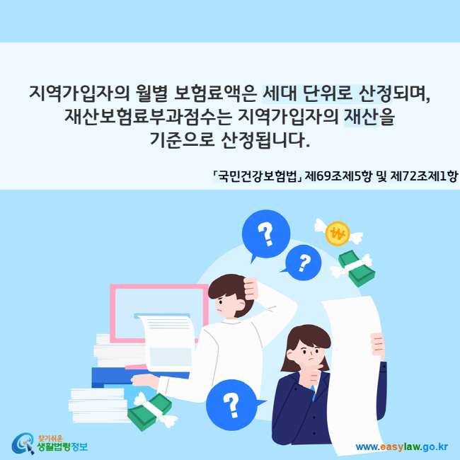 지역가입자의 월별 보험료액은 세대 단위로 산정되며, 재산보험료부과점수는 지역가입자의 재산을 기준으로 산정됩니다(「국민건강보험법」 제69조제5항 및 제72조제1항). 찾기쉬운 생활법령정보(www.easylaw.go.kr)