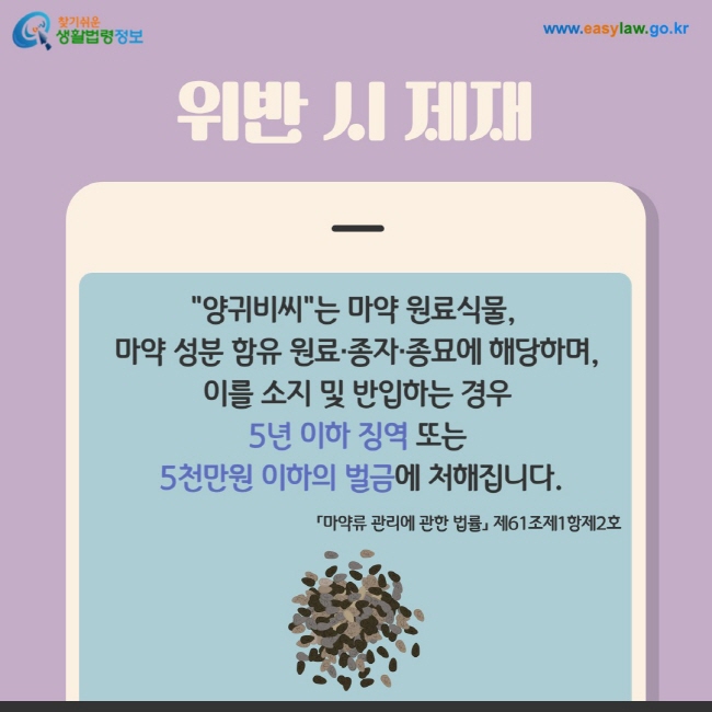 위반 시 제재: "양귀비씨"는 마약 원료식물,  마약 성분 함유 원료·종자·종묘에 해당하며, 이를 소지 및 반입하는 경우 5년 이하 징역 또는  5천만원 이하의 벌금에 처해집니다.「마약류 관리에 관한 법률」 제61조제1항제2호