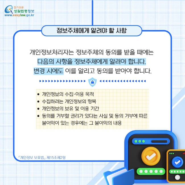 정보주체에게 알려야 할 사항: 개인정보처리자는 정보주체의 동의를 받을 때에는  다음의 사항을 정보주체에게 알려야 합니다.  변경 시에도 이를 알리고 동의를 받아야 합니다. 개인정보의 수집·이용 목적 / 수집하려는 개인정보의 항목 /개인정보의 보유 및 이용 기간 / 동의를 거부할 권리가 있다는 사실 및 동의 거부에 따른 불이익이 있는 경우에는 그 불이익의 내용