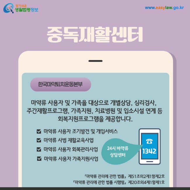 한국마약퇴치운동본부: 마약류 사용자 및 가족을 대상으로 개별상담, 심리검사,  주간재활프로그램, 가족지원, 치료병원 및 입소시설 연계 등  회복지원프로그램을 제공합니다. 1. 마약류 사용자 조기발견 및 개입서비스 2. 마약류 사범 재활교육사업 3. 마약류 사용자 회복관리사업 4. 마약류 사용자 가족지원사업, 24시마약류 상담센터 ☎1342 「마약류 관리에 관한 법률」  제51조의2제1항제2호  「마약류 관리에 관한 법률 시행령」  제20조의4제1항제1호