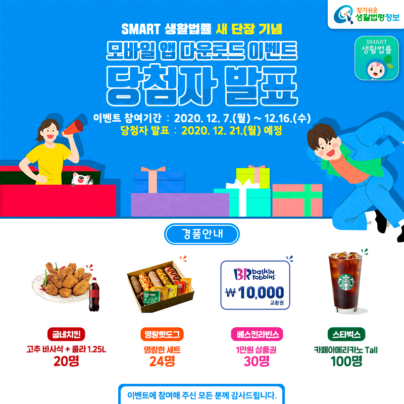 smart 생활법률 새 단장 기념 모바일 앱 다운로드 이벤트 당첨자 발표이벤트 참여기간: 2020. 12. 7.(월)~12.16.(수)당첨자 발표: 2020. 12. 21.(월) 예정경품안내굽네치킨 고추 바사삭 + 콜라 1.25L 20명,명랑핫도그 명랑한 세트 24명,배스킨라빈스 1만원 상품권 30명,스타벅스 카페아메리카노 Tall 100명이벤트에 참여해주신 모든 분께 감사드립니다.