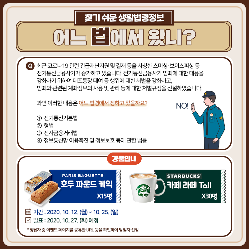 찾기 쉬운 생활법령정보 10월 퀴즈 이벤트어느 법에서 왔니?Q. 최근 코로나19 관련 긴급재난지원 및 결재 등을 사칭한 스미싱·보이스피싱 등 전기통신금융사기가 증가하고 있습니다. 전기통신금융사기 범죄에 대한 대응을 강화하기 위하여 대포통장 대여 등 행위에 대한 처벌을 강화하고, 범죄와 관련된 계좌정보의 사용 및 관리 등에 대한 처벌규정을 신설하였습니다.   과연 이러한 내용은 어느 법령에서 정하고 있을까요?   ① 전기통신기본법   ② 형법   ③ 전자금융거래법   ④ 정보통신망 이용촉진 및 정보보호 등에 관한 법률이벤트 기간: 2020. 10. 12. (월) ~ 10. 25. (일)당첨자 발표: 2020. 10. 27. (화) 예정경품: 파리바게뜨 호두파운드 케익 15명, 스타벅스 카페 라떼 30명