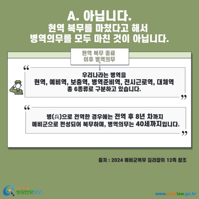 A. 아닙니다. 현역 복무를 마쳤다고 해서 병역의무를 모두 마친 것이 아닙니다. 현역 복무 종료 이후 병역의무 우리나라는 병역을 현역, 예비역, 보충역, 병역준비역, 전시근로역, 대체역 총 6종류로 구분하고 있습니다. 병으로 전역한 경우에는 전역 후 8년 차까지 예비군으로 편성되어 복무하며, 병역의무는 40세까지입니다. 출처 : 2024 예비군복무 길라잡이 12쪽 참조