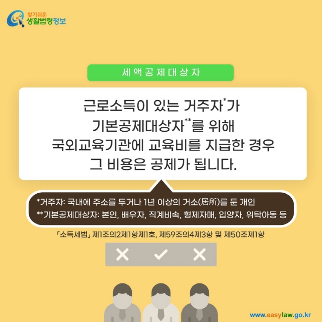 세액공제 대상자: 근로소득이 있는 거주자*가  기본공제대상자**를 위해  국외교육기관에 교육비를 지급한 경우  그 비용은 공제가 됩니다. *거주자: 국내에 주소를 두거나 1년 이상의 거소(居所)를 둔 개인 **기본공제대상자: 본인, 배우자, 직계비속, 형제자매, 입양자, 위탁아동 등 「소득세법」 제1조의2제1항제1호, 제59조의4제3항 및 제50조제1항